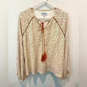 POLAGRAM | Cream Rust Boho Floral Peasant Tassel Tie Long Sleeve Top | Medium